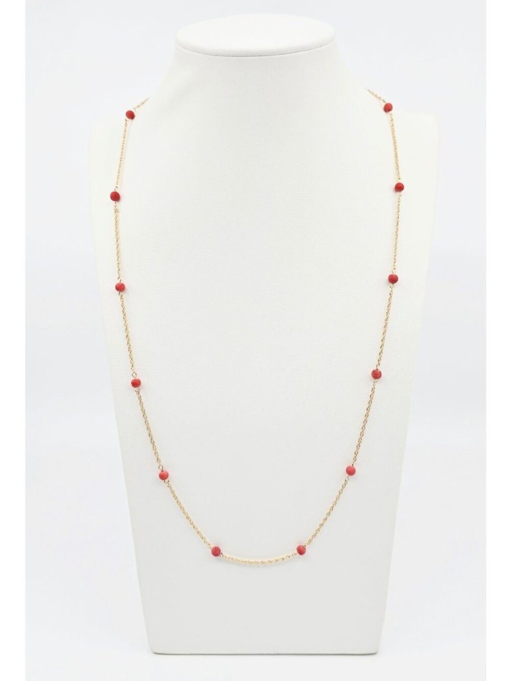 Unique 14K Solid Yellow Gold Red Coral Custom Link Chain Necklace - 24.75" L